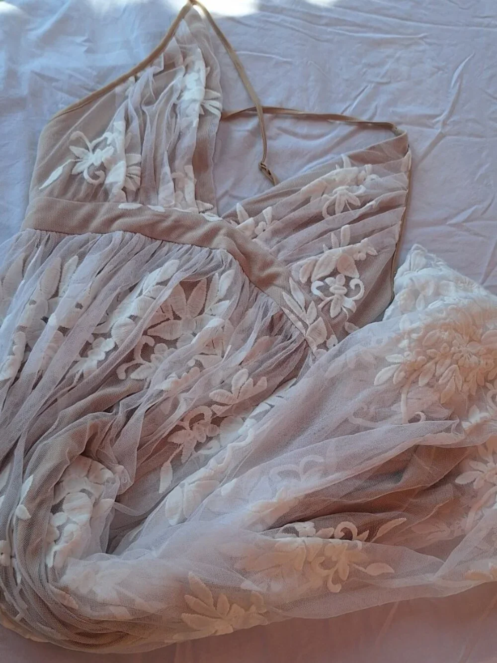 Ethereal Embroidered Lace Maxi Dress Nude Mesh White Floral Open Back L - Picture 9 of 10